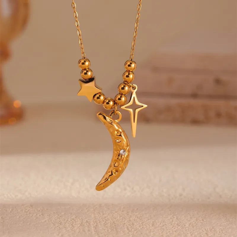 Wholesale Jewelry Casual Vintage Style Star Moon 304 Stainless Steel Zircon 18K Gold Plated Pendant Necklace Cable Chain