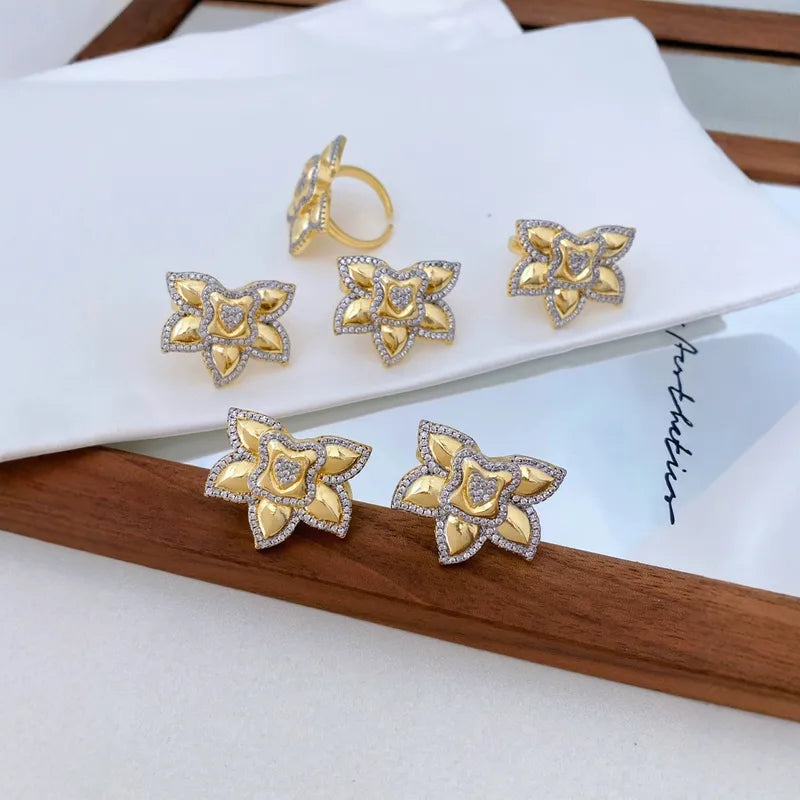 Wholesale Jewelry Classic Style Commute Flower Copper 18K Gold Plated Plating Open Rings