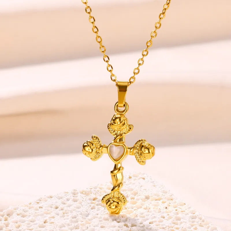 Wholesale Jewelry Classical Retro Cross Heart Shape 304 Stainless Steel Opal 18K Gold Plated Plating Pendant Necklace