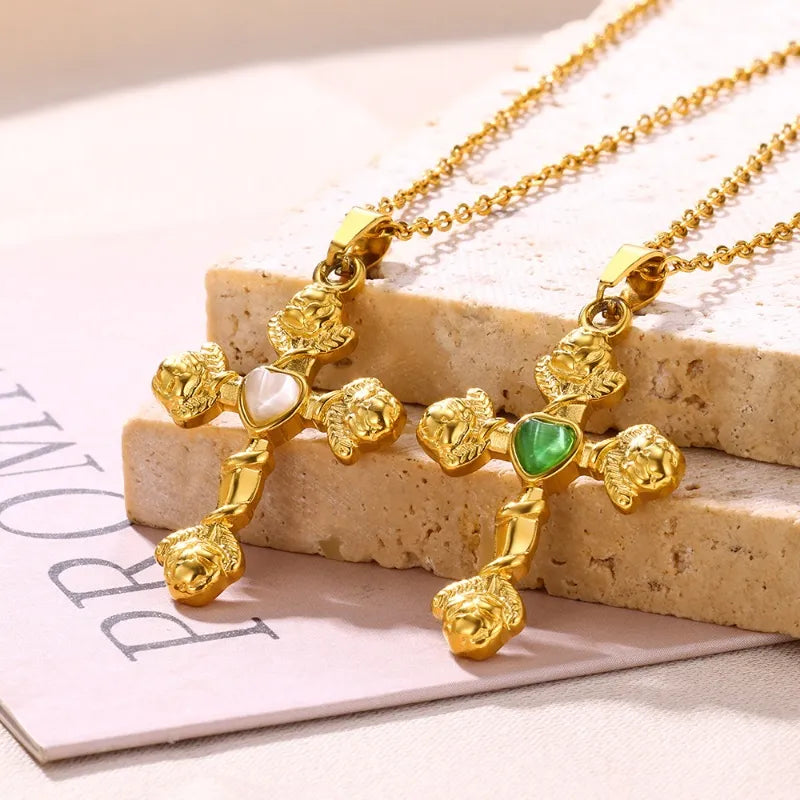 Wholesale Jewelry Classical Retro Cross Heart Shape 304 Stainless Steel Opal 18K Gold Plated Plating Pendant Necklace