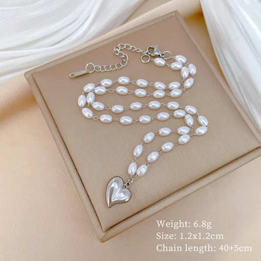 Wholesale Jewelry Cute Classic Style Heart Shape Titanium Steel Pearl Pendant Necklace