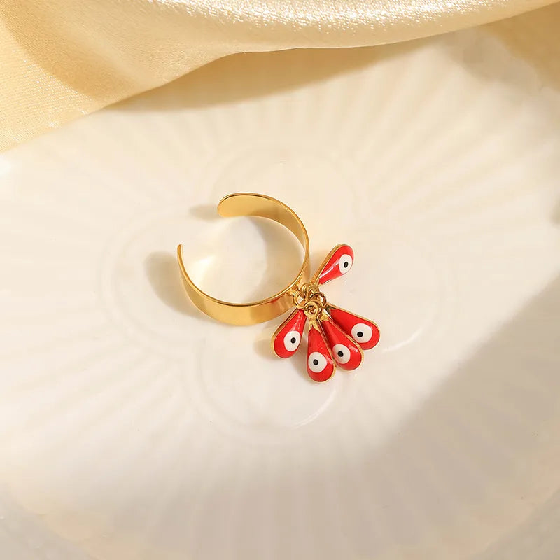 Wholesale Jewelry Cute Funny Devil's Eye Water Droplets 304 Stainless Steel 14K Gold Plated Enamel Open Rings