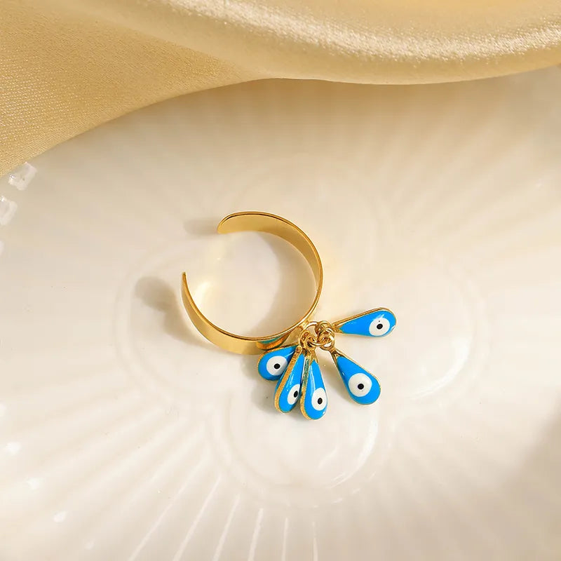 Wholesale Jewelry Cute Funny Devil's Eye Water Droplets 304 Stainless Steel 14K Gold Plated Enamel Open Rings