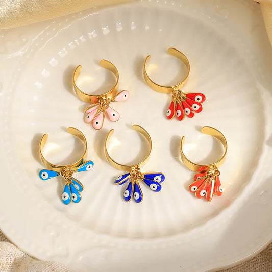 Wholesale Jewelry Cute Funny Devil's Eye Water Droplets 304 Stainless Steel 14K Gold Plated Enamel Open Rings