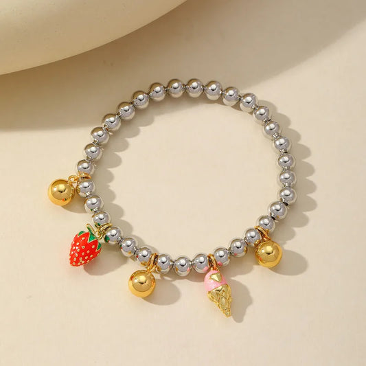 Wholesale Jewelry Cute Romantic Sweet Heart Shape Strawberry Copper Zircon 18K Gold Plated Beaded Epoxy Inlay Multi Charms Bracelet