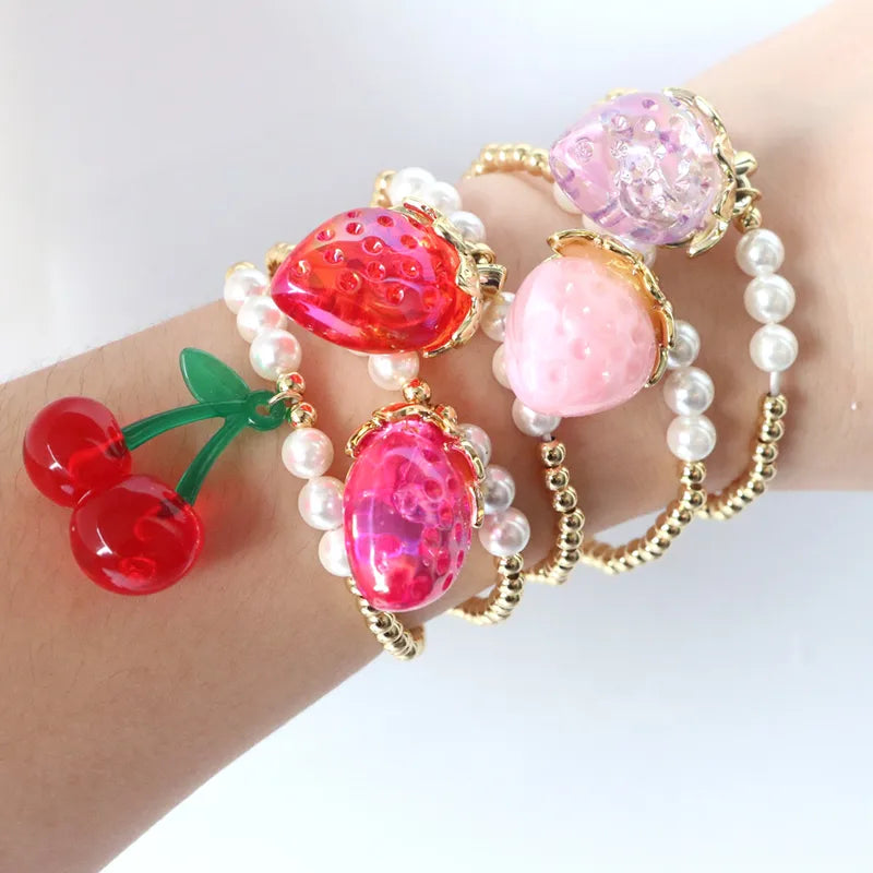 Wholesale Jewelry Cute Sweet Cherry Strawberry Resin Copper Pearl Bracelets