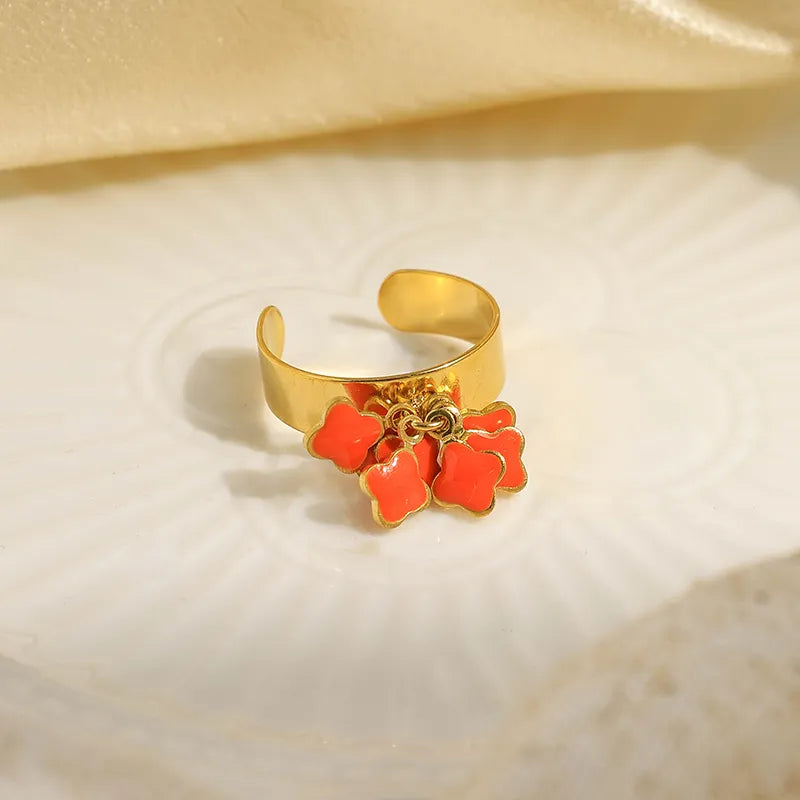 Wholesale Jewelry Cute Sweet Flower 304 Stainless Steel 14K Gold Plated Enamel Open Rings