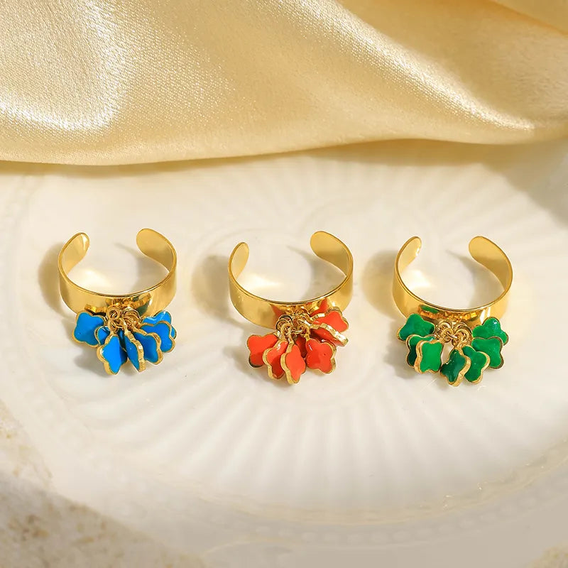 Wholesale Jewelry Cute Sweet Flower 304 Stainless Steel 14K Gold Plated Enamel Open Rings