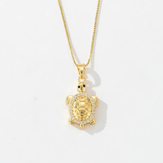 Wholesale Jewelry Casual Cute Artistic Tortoise Copper Zircon 18K Gold Plated Inlay Pendant Necklace