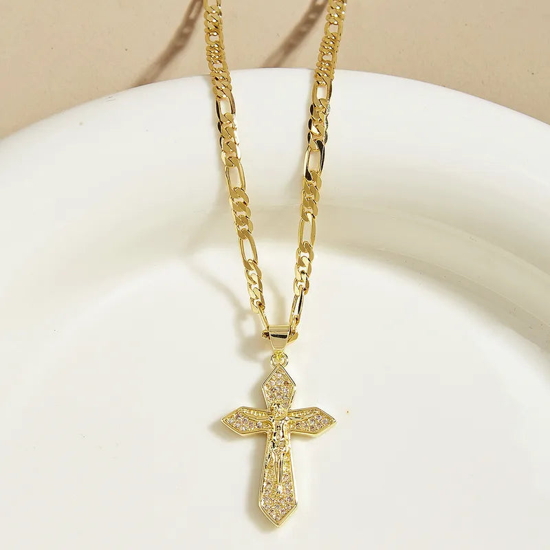 Wholesale Jewelry Elegant Classical Religion Cross Copper Zircon 18K Gold Plated Pendant Necklace