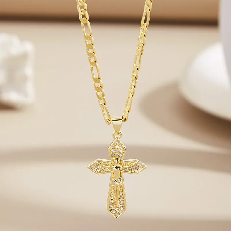 Wholesale Jewelry Elegant Classical Religion Cross Copper Zircon 18K Gold Plated Pendant Necklace