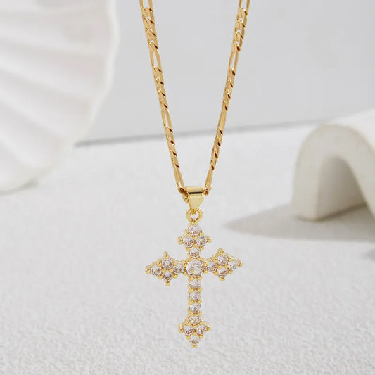 Wholesale Jewelry Elegant Cross Copper Zircon 18K Gold Plated Pendant Necklace