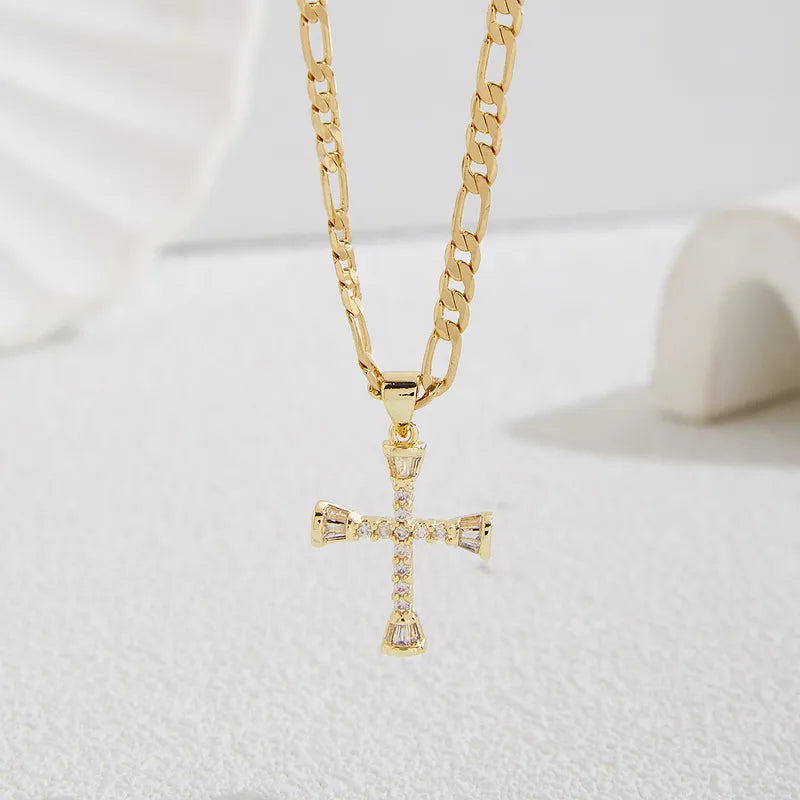 Wholesale Jewelry Elegant Cross Copper Zircon 18K Gold Plated Pendant Necklace