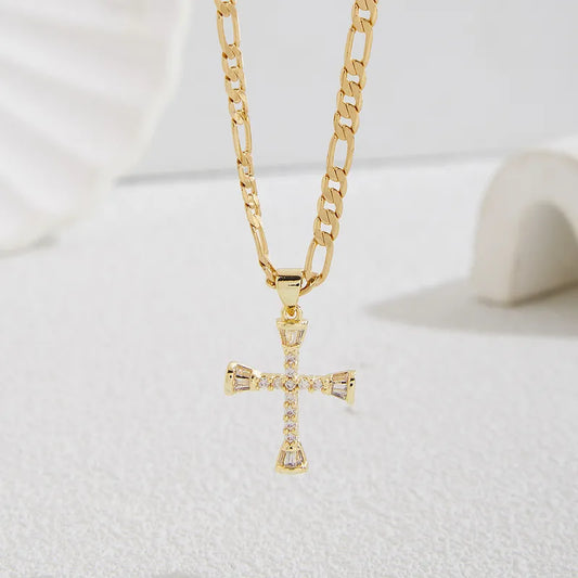 Wholesale Jewelry Elegant Cross Copper Zircon 18K Gold Plated Pendant Necklace