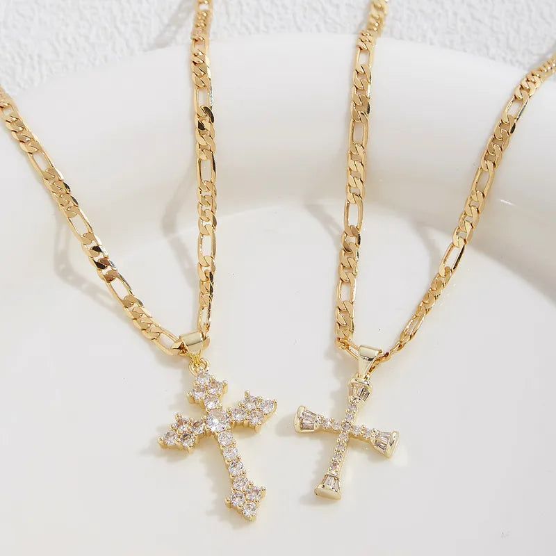 Wholesale Jewelry Elegant Cross Copper Zircon 18K Gold Plated Pendant Necklace