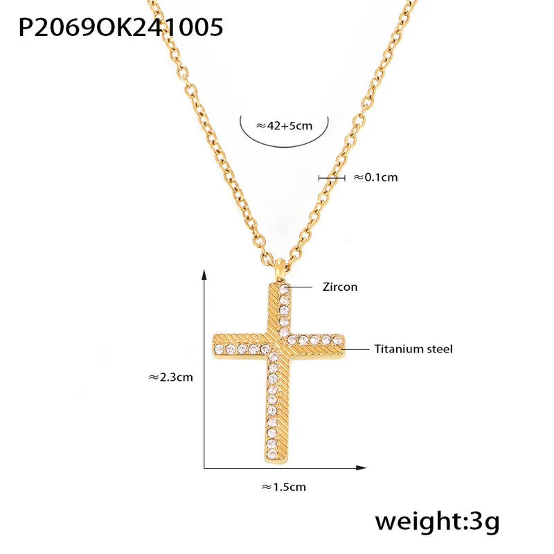 Wholesale Jewelry Elegant Cross Titanium Steel Rhinestones 18K Gold Plated Plating Inlay Pendant Necklace Necklace