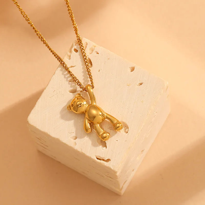 Wholesale Jewelry Elegant Cute Bear Solid Color 304 Stainless Steel 18K Gold Plated Pendant Necklace