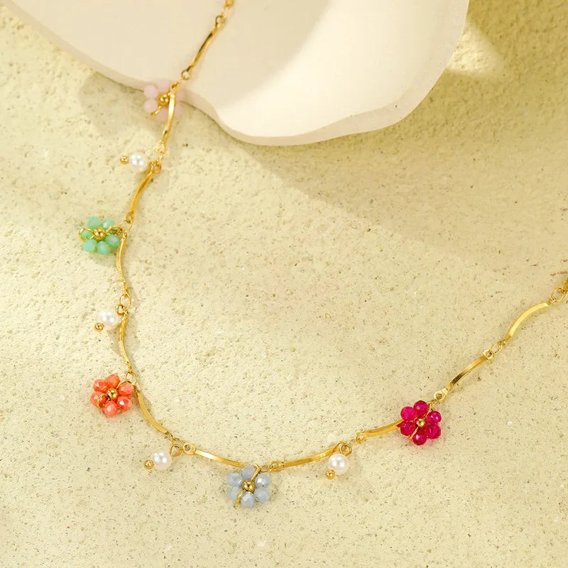 Wholesale Jewelry Elegant Cute Flower 304 Stainless Steel 18K Gold Plated Multi Charms Necklace