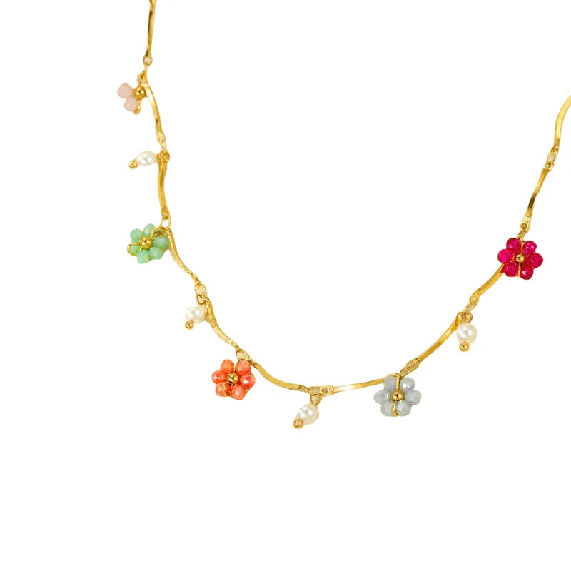 Wholesale Jewelry Elegant Cute Flower 304 Stainless Steel 18K Gold Plated Multi Charms Necklace