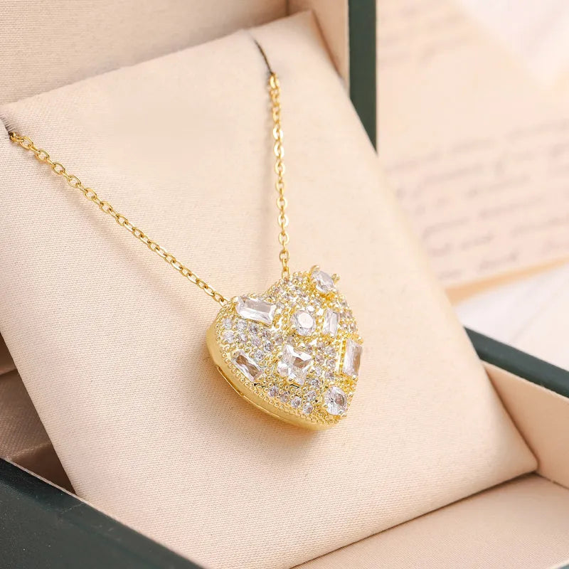 Wholesale Jewelry Elegant Cute Streetwear Heart Shape 316 Stainless Steel Copper Artificial Rhinestones Zircon 18K Gold Plated Inlay Pendant Necklace