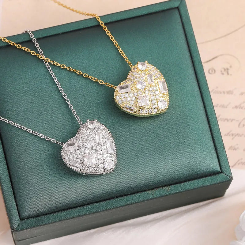 Wholesale Jewelry Elegant Cute Streetwear Heart Shape 316 Stainless Steel Copper Artificial Rhinestones Zircon 18K Gold Plated Inlay Pendant Necklace