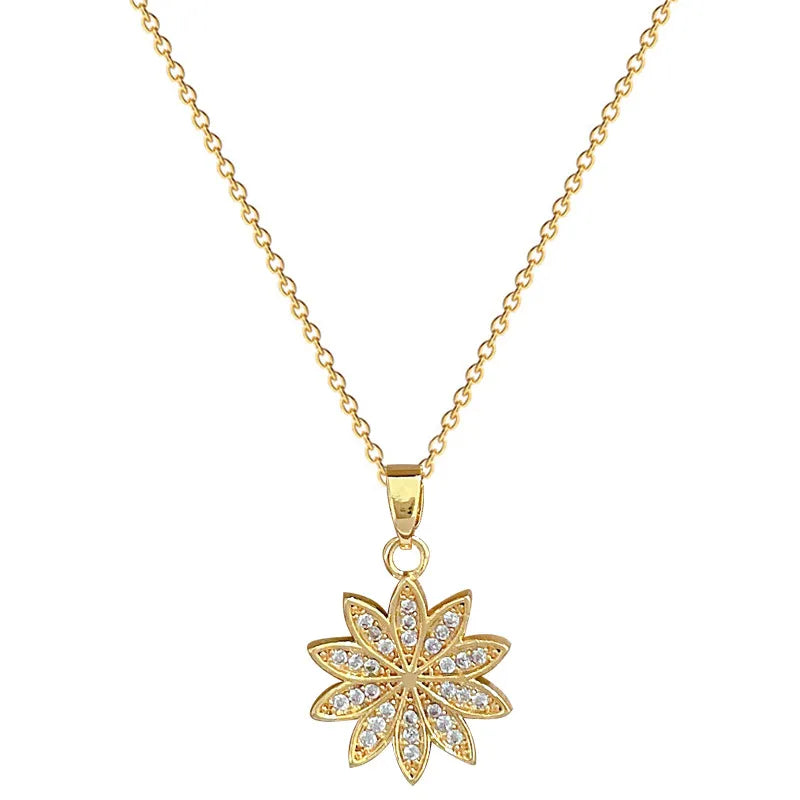 Wholesale Jewelry Elegant Daisy Titanium Steel Copper Zircon Gold Plated Inlay Pendant Necklace