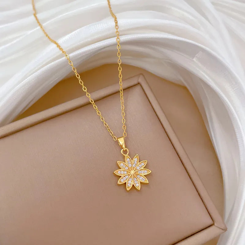 Wholesale Jewelry Elegant Daisy Titanium Steel Copper Zircon Gold Plated Inlay Pendant Necklace