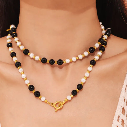 Wholesale Jewelry Elegant Exaggerated Roman Style Geometric Agate Shell Pearls Titanium Steel 18K Gold Plated Beaded Plating Necklace