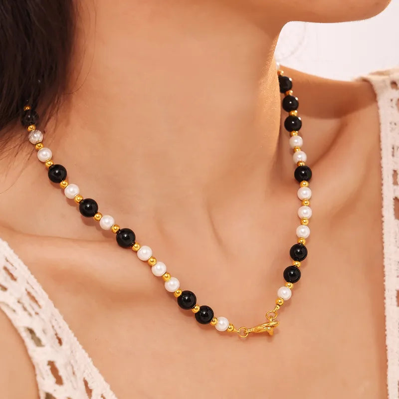 Wholesale Jewelry Elegant Exaggerated Roman Style Geometric Agate Shell Pearls Titanium Steel 18K Gold Plated Beaded Plating Necklace