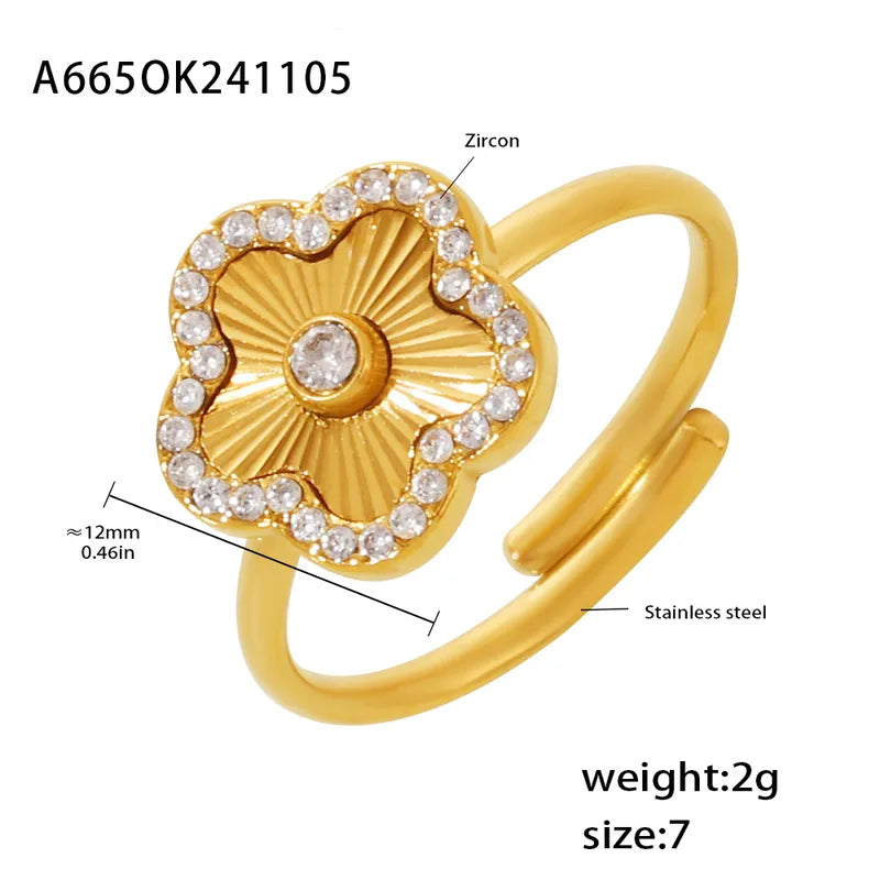 Wholesale Jewelry Elegant Five-Leaf Flower Pentagram Heart Shape 304 Stainless Steel Zircon 18K Gold Plated Plating Inlay Open Rings