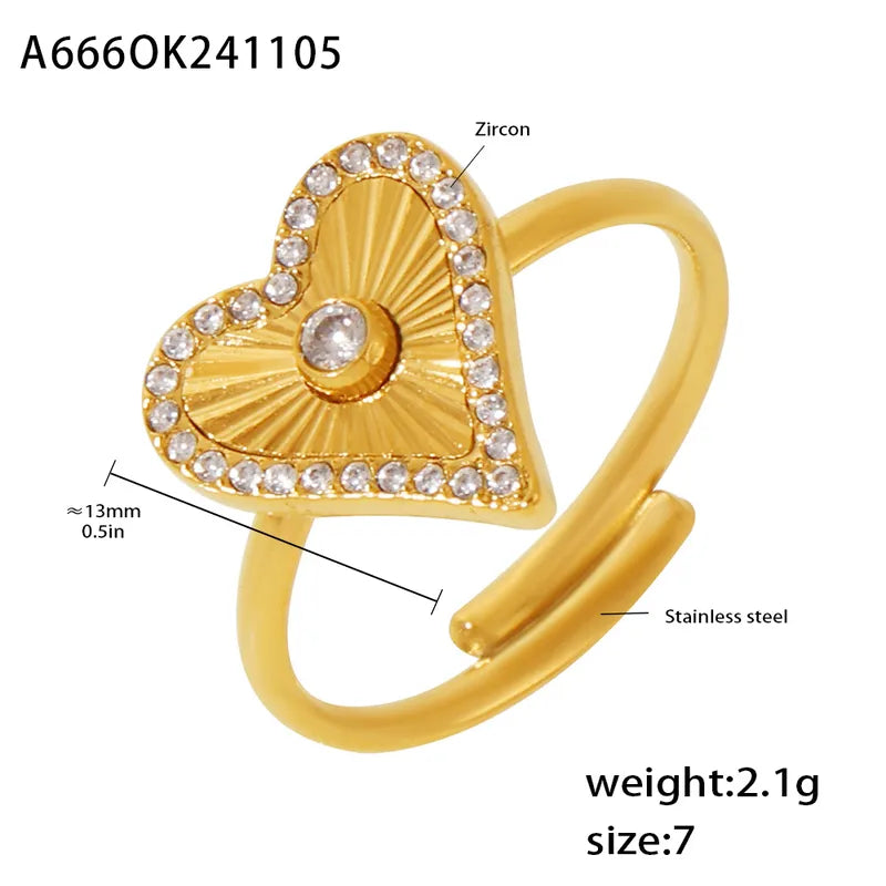 Wholesale Jewelry Elegant Five-Leaf Flower Pentagram Heart Shape 304 Stainless Steel Zircon 18K Gold Plated Plating Inlay Open Rings