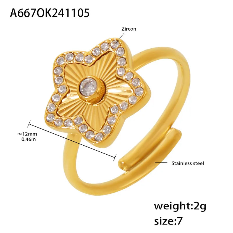 Wholesale Jewelry Elegant Five-Leaf Flower Pentagram Heart Shape 304 Stainless Steel Zircon 18K Gold Plated Plating Inlay Open Rings