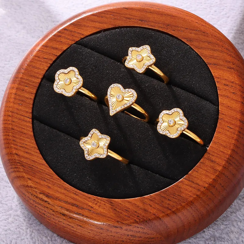 Wholesale Jewelry Elegant Five-Leaf Flower Pentagram Heart Shape 304 Stainless Steel Zircon 18K Gold Plated Plating Inlay Open Rings