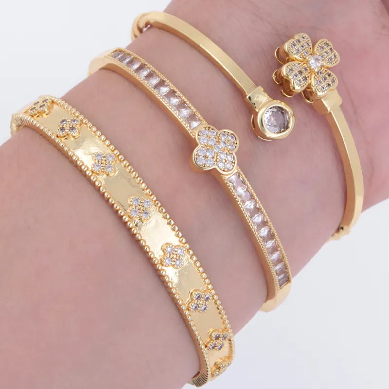 Wholesale Jewelry Elegant Four Leaf Clover Copper Zircon 18K Gold Plated Bangle