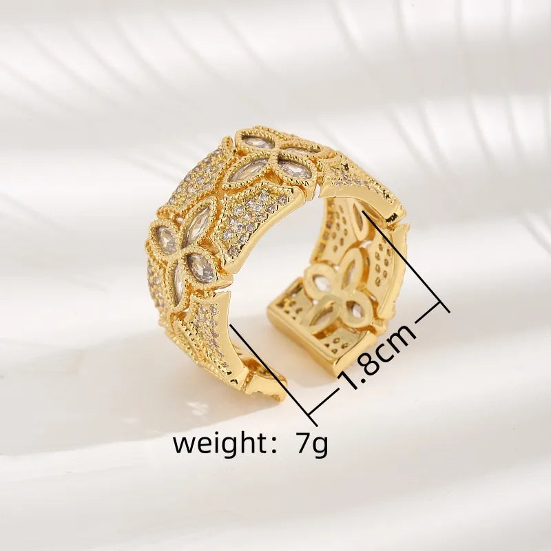 Wholesale Jewelry Elegant Four Leaf Clover Copper Zircon 18K Gold Plated Inlay Open Rings