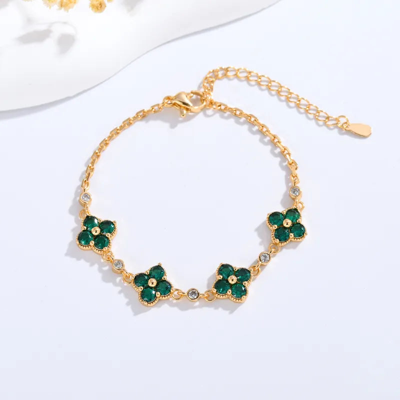 Wholesale Jewelry Elegant Four Leaf Clover Copper Zircon Plating Flowers Bracelets