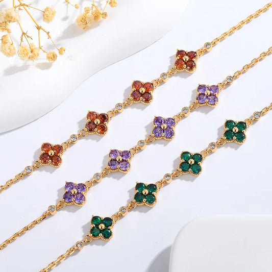 Wholesale Jewelry Elegant Four Leaf Clover Copper Zircon Plating Flowers Bracelets