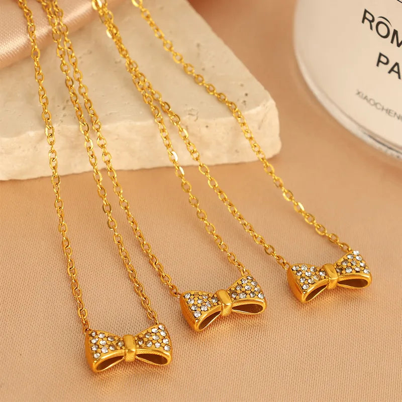 Wholesale Jewelry Elegant French Style Bow Knot 304 Stainless Steel Artificial Gemstones 18K Gold Plated Polishing Plating Inlay Pendant Necklace