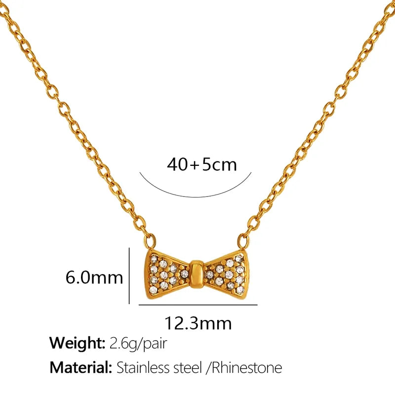 Wholesale Jewelry Elegant French Style Bow Knot 304 Stainless Steel Artificial Gemstones 18K Gold Plated Polishing Plating Inlay Pendant Necklace