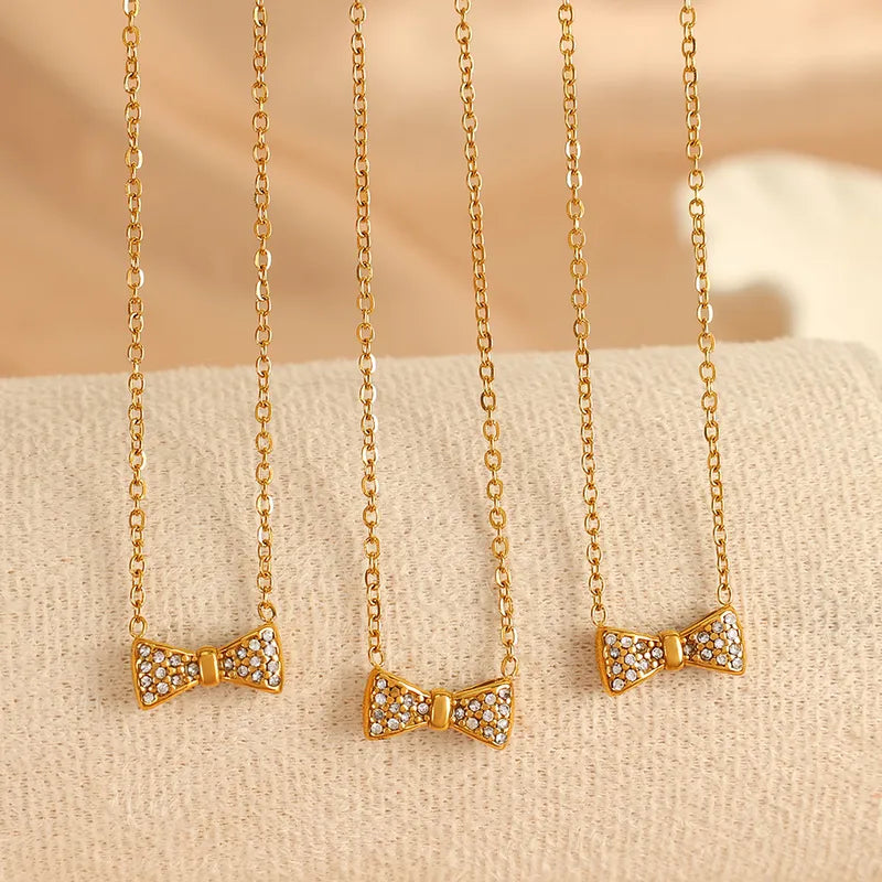 Wholesale Jewelry Elegant French Style Bow Knot 304 Stainless Steel Artificial Gemstones 18K Gold Plated Polishing Plating Inlay Pendant Necklace