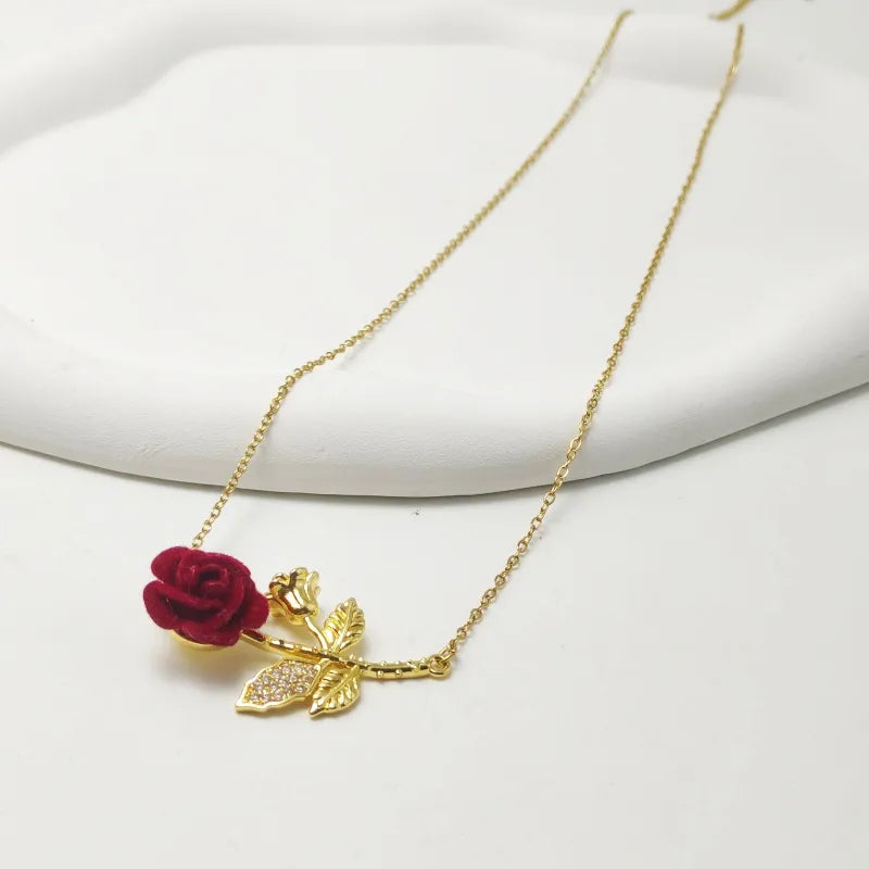 Wholesale Jewelry Elegant French Style Commute Rose 304 Stainless Steel Copper Rhinestones 18K Gold Plated Inlay Necklace