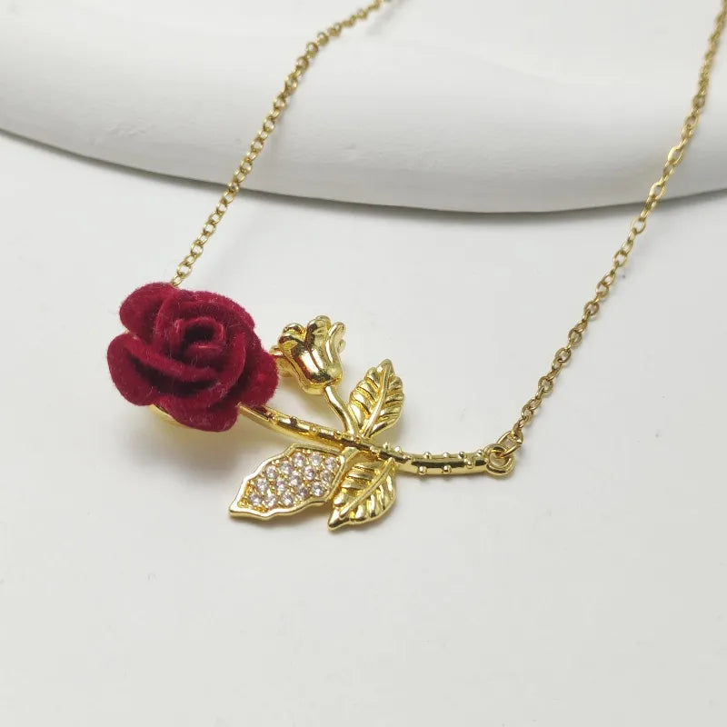 Wholesale Jewelry Elegant French Style Commute Rose 304 Stainless Steel Copper Rhinestones 18K Gold Plated Inlay Necklace