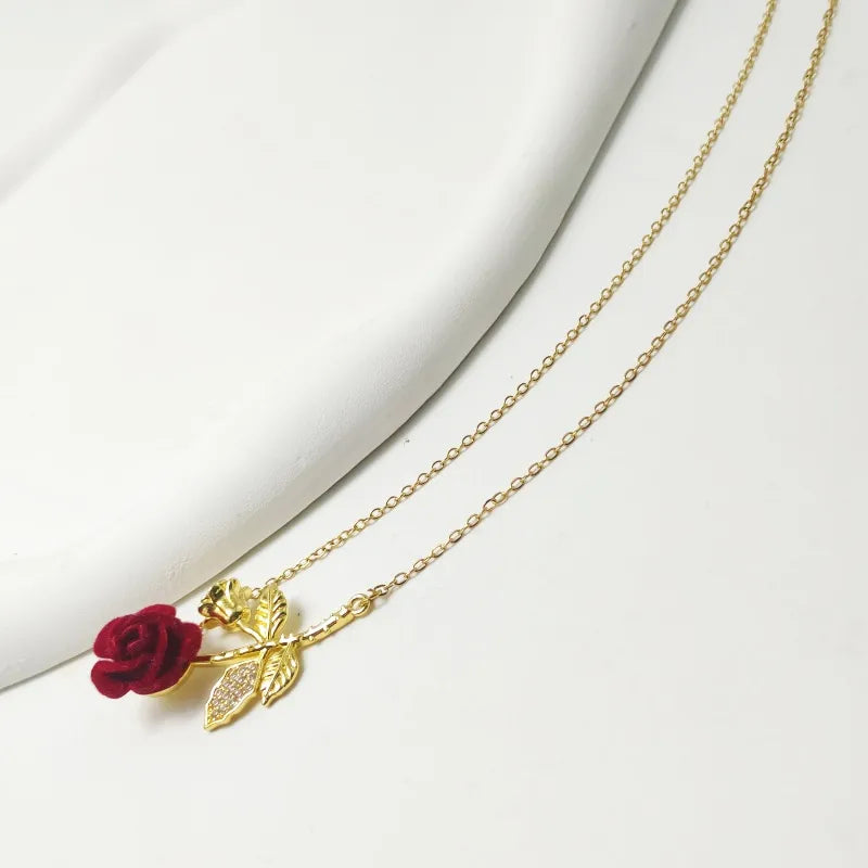 Wholesale Jewelry Elegant French Style Commute Rose 304 Stainless Steel Copper Rhinestones 18K Gold Plated Inlay Necklace