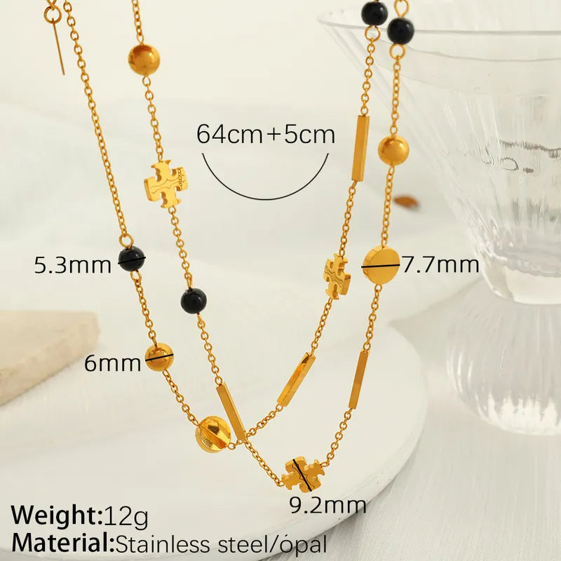 Wholesale Jewelry Elegant French Style Cross Round 304 Stainless Steel 18K Gold Plated Beaded Polishing Patchwork Necklace