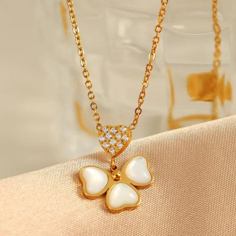 Wholesale Jewelry Elegant French Style IG Style Four Leaf Clover 304 Stainless Steel Shell 18K Gold Plated Polishing Inlay Pendant Necklace