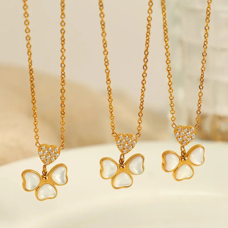 Wholesale Jewelry Elegant French Style IG Style Four Leaf Clover 304 Stainless Steel Shell 18K Gold Plated Polishing Inlay Pendant Necklace