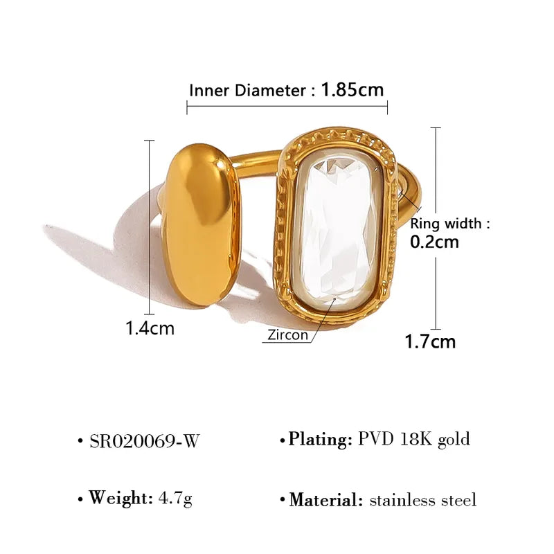 Wholesale Jewelry Elegant French Style IG Style Geometric Rectangle 304 Stainless Steel Zircon 18K Gold Plated Inlay Open Rings