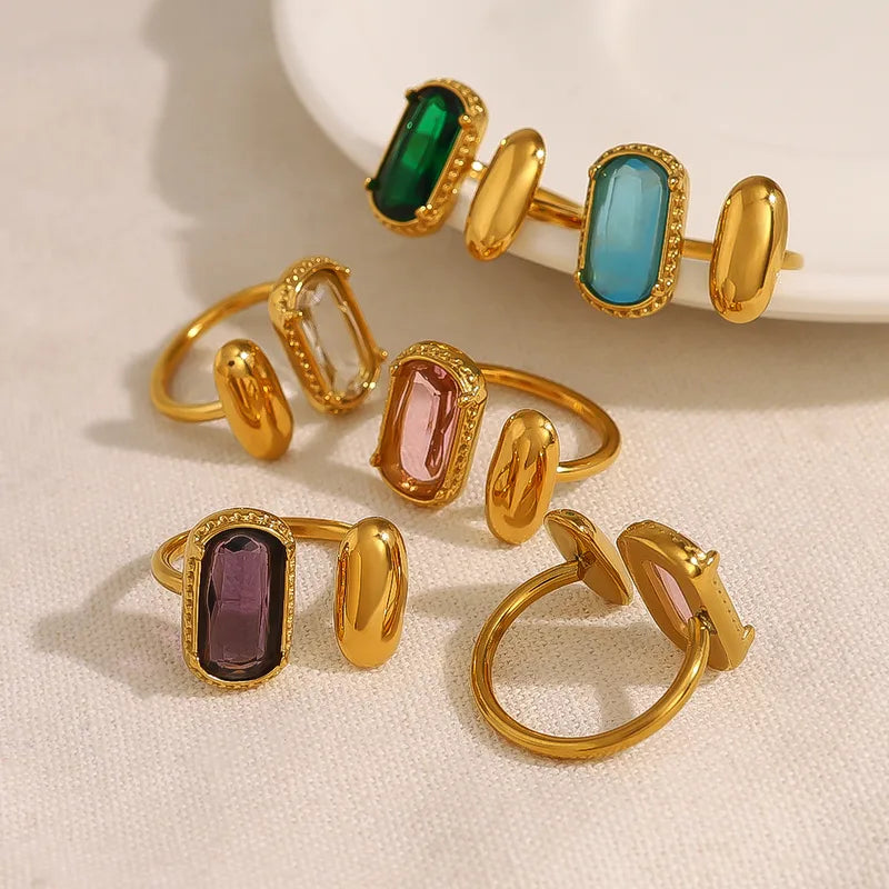 Wholesale Jewelry Elegant French Style IG Style Geometric Rectangle 304 Stainless Steel Zircon 18K Gold Plated Inlay Open Rings