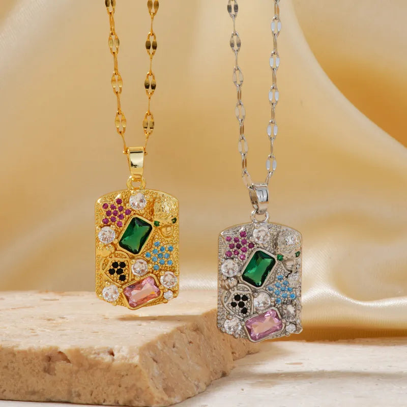 Wholesale Jewelry Elegant Geometric Square 304 Stainless Steel Copper Zircon K Gold Plated Rhodium Plated Inlay Pendant Necklace