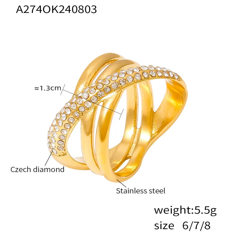 Wholesale Jewelry Elegant Glam Cross Geometric 304 Stainless Steel Rhinestones 18K Gold Plated Plating Rings